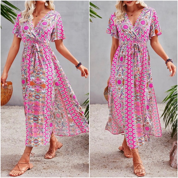 BellanBlue Dresses & Skirts - Bohemian Pink Butterfly Sleeve Cottagecore Maxi Dress